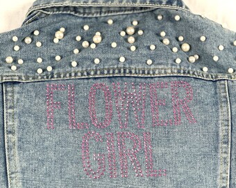 Flower girl pearl embellished jean jacket | Junior Bridesmaid Proposal Gift | Custom Wedding Party Denim Coat