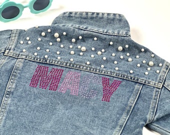 Rhinestone Jean Jacket Personalized with Childs Name | Denim Coat for Toddler Girls | Pearl Embellished Customized Girls Casual Wear