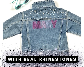 Rhinestone Jean Jacket Personalized with Childs Name | Denim Coat for Toddler Girls | Pearl Embellished Customized Girls Casual Wear
