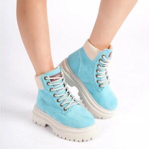 Suede lace up boots, fall boots women, blue woman boots, mustard suede boots, ankle boots women