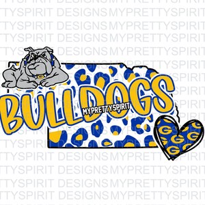 May include: A graphic design featuring the word "BULLDOGS" in yellow and blue, with a bulldog illustration and a heart-shaped design. The design includes the text "MYPRETTYSPIRIT" and a leopard print pattern.
