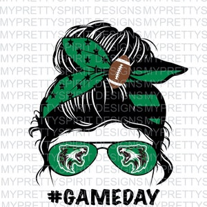May include: A digital graphic featuring a woman's silhouette with a messy bun hairstyle. She wears sunglasses with a green and white logo. A green bow with stars and a football complete the design. The text "#GAMEDAY" is at the bottom.