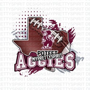 May include: A maroon and white graphic design featuring a football shaped like the state of Texas with the words "Poteet" and "Aggies" in white text. The design is set against a white background with a maroon splatter effect.