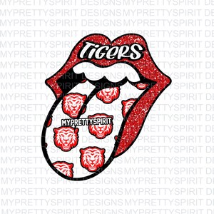 May include: A red glitter lips design with the word "Tigers" in white. The inside of the lips features red tiger faces. The text "MYPRETTYSPIRIT" is also present. This design is likely for apparel or accessories.