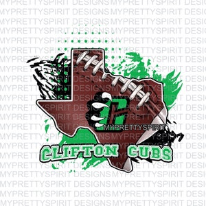 Puede incluir: Diseño digital con un balón de fútbol marrón y el contorno verde de Texas. El texto "Clifton Cubs" está en verde y blanco. Incluye el número "77" y un gráfico de garra, para artículos deportivos.