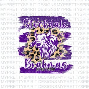May include: Purple and white graphic with a white silhouette of a Brahman cow's head on a leopard print background. The text "Stockdale Brahmas" is written in purple.