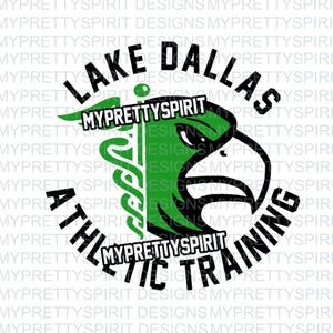 May include: A black and green logo with the text "Lake Dallas Athletic Training" in a circle. The logo features a green caduceus and a green eagle head with a black beak.