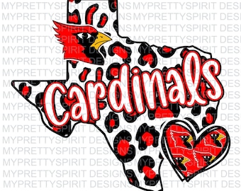 Può includere: Un designo rosso, bianco e nero con il contorno dello stato del Texas con un motivo a stampa leopardata. La parola "Cardinals" è scritta in lettere bianche con un contorno rosso. Un cuore rosso con un design di uccello cardinale si trova nell'angolo in basso a destra.