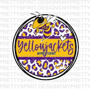 May include: A circular graphic with a yellow and purple color scheme. The design features a cartoon yellowjacket mascot, the word "Yellowjackets" in yellow, and a leopard print background. The text "MYPRETTYSPIRIT" is also included.