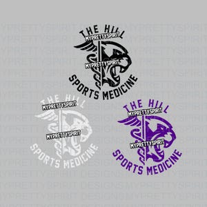 May include: Three variations of a logo design for a sports medicine clinic. The logo features a stylized black panther with wings and the text "The Hill Sports Medicine" in black and white. The text "MyPrettySpirit" appears in the logo.