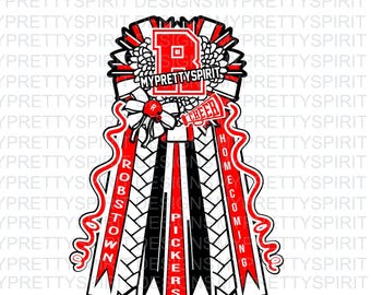 May include: A red, white, and black homecoming ribbon with the words "Robstown Pickers" and "Homecoming" on it. The ribbon is decorated with a large letter "R" and a cheerleader megaphone.