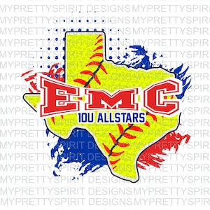 May include: A yellow softball with red stitching is shaped like the state of Texas. The letters "EMC" are in red with a blue outline and the text "10U ALLSTARS" is below the letters. The background is a blue and red splatter pattern.