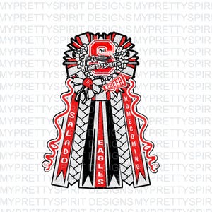 May include: A red, white, and black homecoming mum with the words "Salado Eagles" and "Cheer" on it. The mum is decorated with a large letter "S" and a white bow.