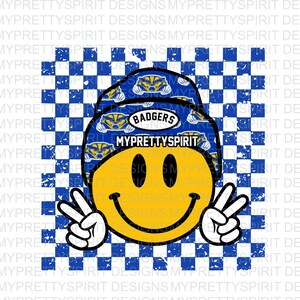 May include: A yellow smiley face wearing a blue and white patterned beanie with the words "Badgers" and "MyPrettySpirit" on it. The smiley face is making a peace sign with both hands. The background is a blue and white checkered pattern.