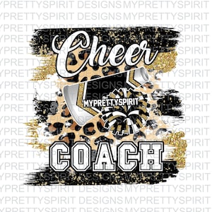 Op de afbeelding: Zwart-gouden grafiek met een luipaardprint achtergrond. De grafiek toont een cheerleading megafoon, een pompon en de tekst "Cheer Coach".