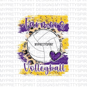 May include: A graphic design featuring a volleyball with a purple heart, a leopard print background, and the text "Farmers Volleyball" in purple and yellow.