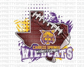 May include: A purple and yellow graphic design featuring a football shaped like the state of Texas with the words "Carrizo Springs Wildcats" and a purple and yellow wildcat mascot.