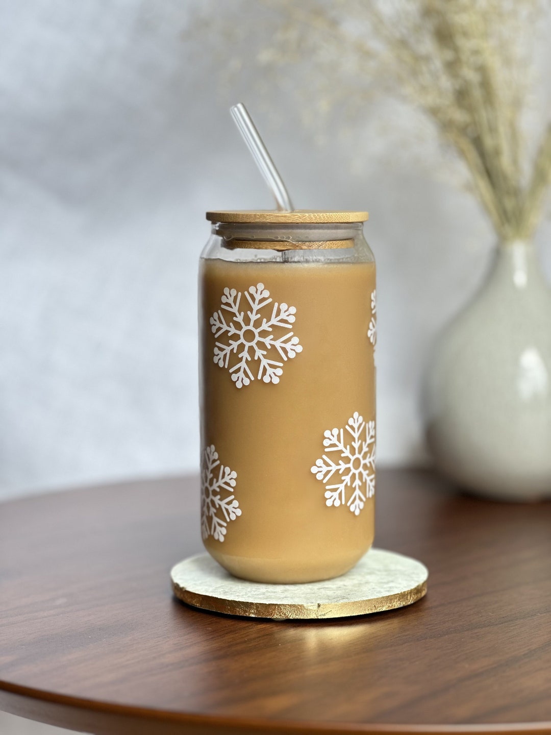 Christmas Glass Cup Snowflake Glass Tumbler With Lid and Straw Holidays