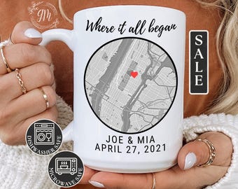 Where It All Began Mug, Custom Where We Met Heart Map Cup, Custom Name Date Location Mug, Personalized Engagement Wedding Anniversary Gift