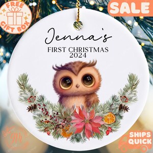 Personalized Baby Owl Christmas Ornament, Woodland Creature Owl Custom Name Keepsake Baby&#39;s First Christmas Owl Christmas Wreath Custom 2024