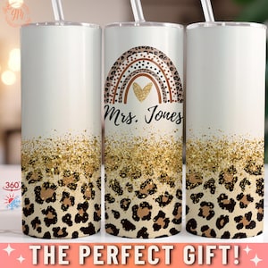 Teacher Glitter Leopard Tumbler: Cheetah Print Boho Rainbow Design with Custom Name