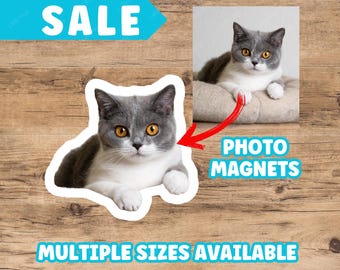 May include: A gray and white cat with yellow eyes is featured on a photo magnet. The magnet is white with a rounded edge. The text "PHOTO MAGNETS" is printed in black on a red arrow pointing to the cat. The text "SALE" is printed in white on a blue arrow at the top of the image. The text "MULTIPLE SIZES AVAILABLE" is printed in white on a blue bar at the bottom of the image.