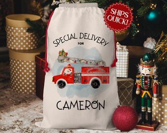 Fire Truck Santa Bag, Custom Kids Name Christmas Present Bag Personalized Special Delivery Sack