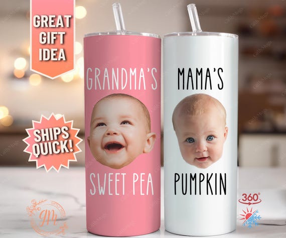 Baby Face Photo Tumbler, Custom Picture Baby Head Tumbler for Grandma Personalized Baby Head Photo Gift Cup for Mom Kids Photo Tumbler Cup