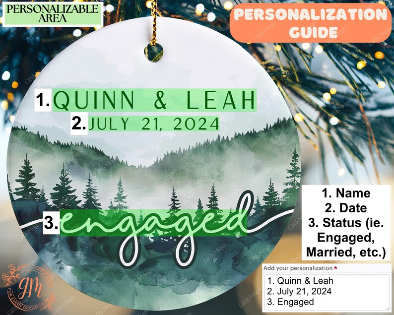 a personalized ornament hanging from a christmas tree