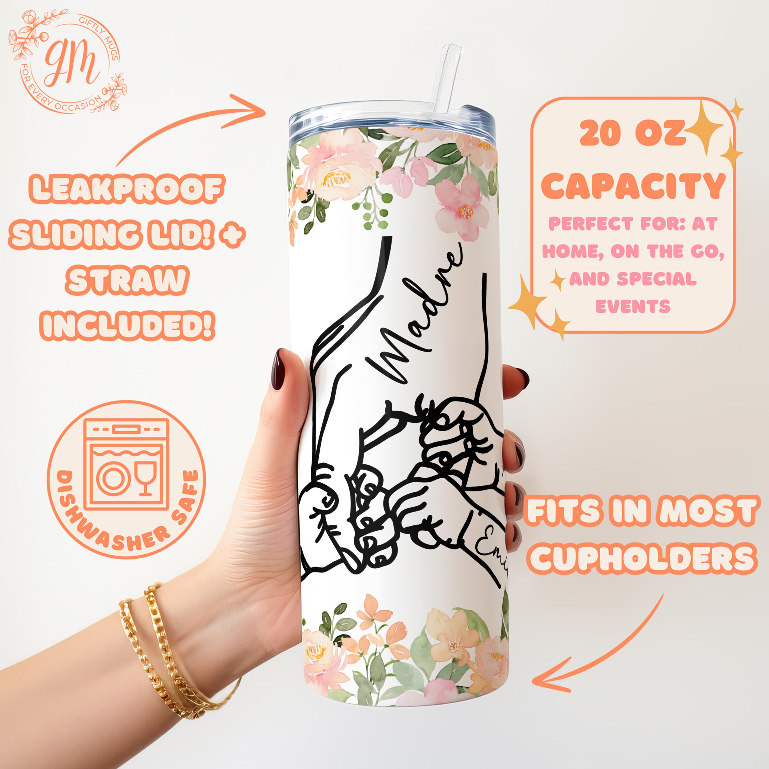 Personalized Madre Tumbler Holding Hands, Custom Kids Names Mothers Day ...