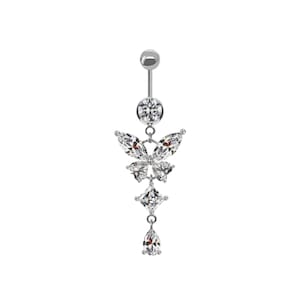 May include: A silver belly button ring with a dangling butterfly charm. The butterfly is adorned with clear cubic zirconia stones. The ring is attached to a silver ball.