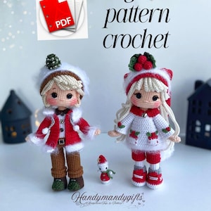 May include: Two crocheted dolls dressed in red and white winter outfits, with matching hats. A small snowman doll is also present. The image includes the text "english pattern crochet" and a PDF icon.