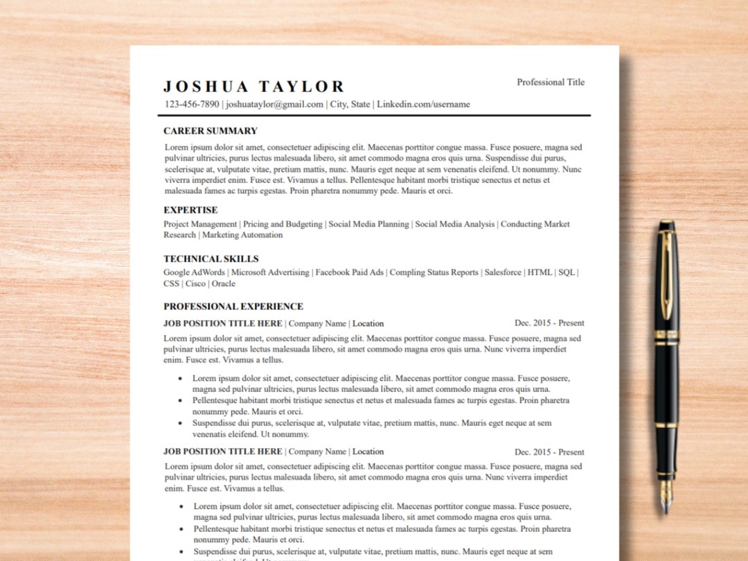 Professional Resume Template for Word, Google Docs + Cover Letter ...