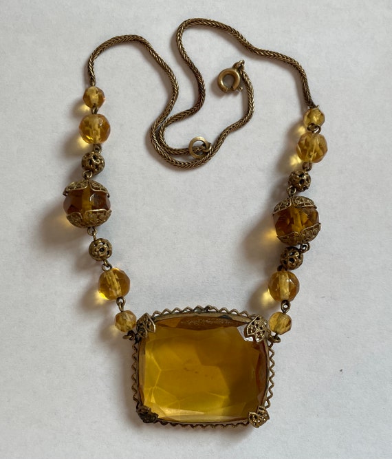 Vintage Art Deco CZECH Amber Faceted Glass Necklac