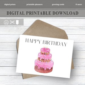 Printable Birthday Card with Pink Cake, Cute Birthday Cake Card, Print from Home, Birthday Card, Birthday Cake Greeting Card