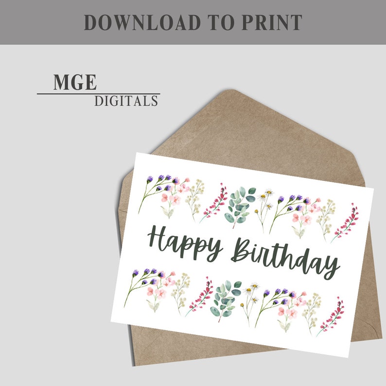 Printable Birthday Card With Flowers, Cute Floral Card, Print From Home ...