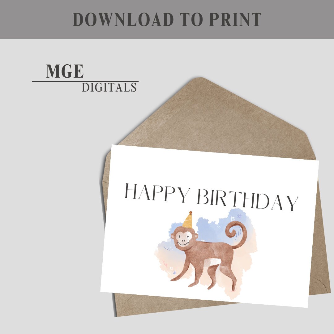 Printable Birthday Card With Monkey, Cute Monkey Birthday Card, Print From Home, Birthday Card ...