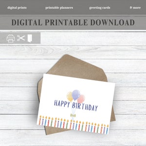 Printable Birthday Card with Balloons and Candles, Cute Balloon Card, Print from Home, Birthday Card, Balloon Greeting Card