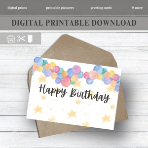 Printable Birthday Card with Balloons and Stars, Cute Balloon Card, Print from Home, Birthday Card, Balloon Greeting Card