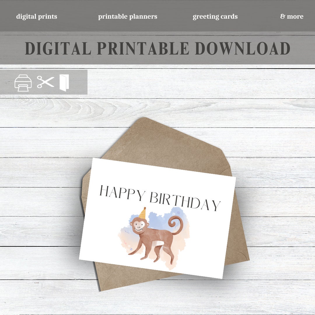 Printable Birthday Card With Monkey, Cute Monkey Birthday Card, Print From Home, Birthday Card ...