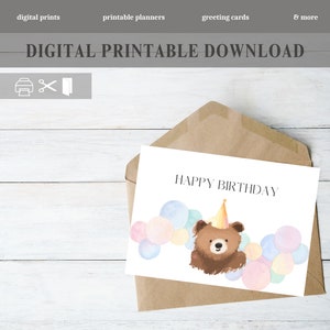 Printable Birthday Card with Bear, Cute Bear Birthday Card, Print from Home, Birthday Card, Animal Greeting Card