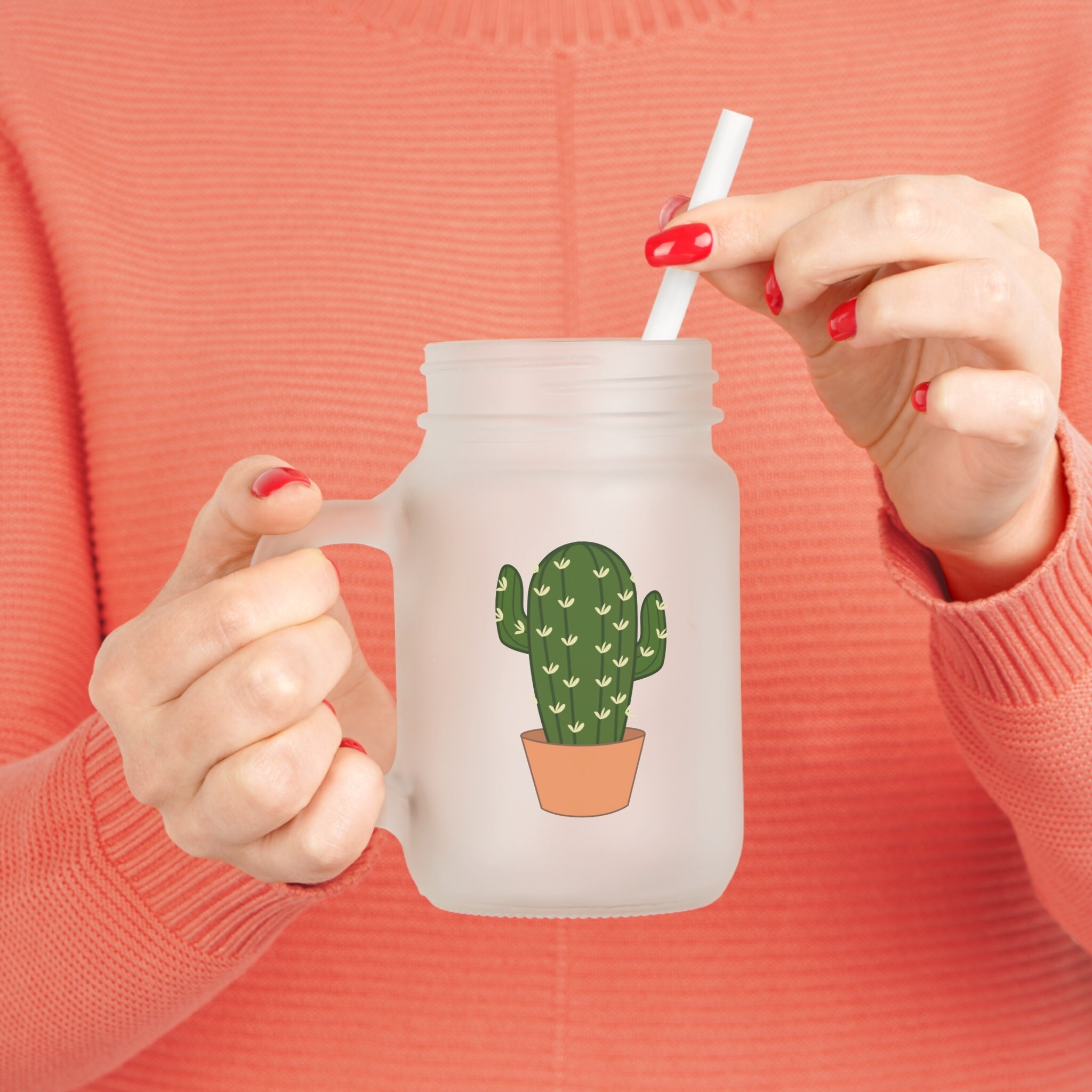 Drinking Jar Cactus en verre vert avec paille 40cl