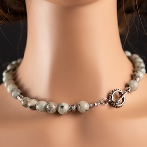 Handmade necklace, grey gemstone beads, silver spacers, toggle clasp, gift for her