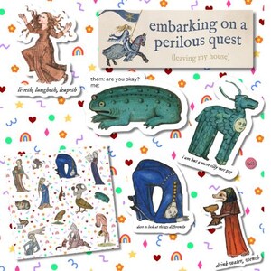 May include: A collection of medieval-style stickers featuring various illustrations and text. Included are a leaping person, a large green toad, a mythical creature, a person bending backward, and a figure holding a cup with the text "drink water, wench".