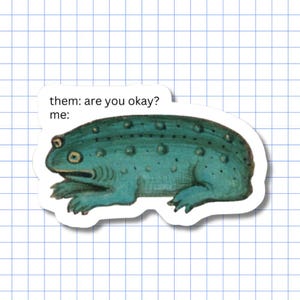 May include: A die-cut sticker featuring a teal, textured frog illustration with a flat, wide head and prominent eyes. Above the frog, black text reads: them: are you okay? me: The sticker has a white border and a matte finish on a grid background.