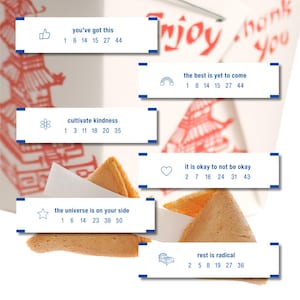 May include: A white Chinese takeout box with red detailing and the word "Enjoy" printed on it. Several fortune cookies are visible, each with a paper slip containing a positive message. Messages include "You've got this" and "The best is yet to come."
