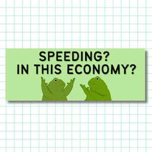 May include: A rectangular light green sticker featuring the black text SPEEDING? IN THIS ECONOMY? above two green frogs with their arms raised in a gesture of confusion or questioning. The design is simple, flat, and centred on the sticker.