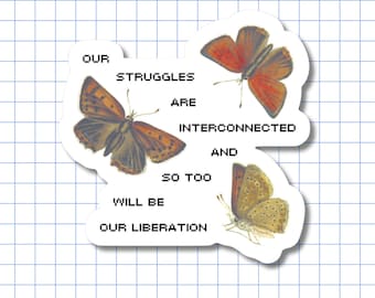 Pegatina de Liberación Interconectada - Vinilo Mate Transparente - Ayuda Mutua, Solidaridad, Decoración para Portátil, Justicia Social, Mariposa