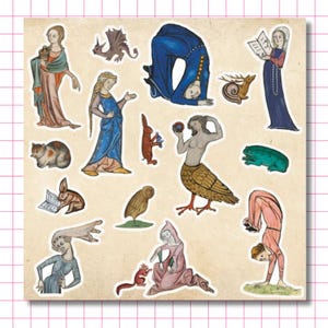 May include: A collection of medieval-style stickers featuring various figures including people in historical garments, a dragon, a snail with antlers, a cat, a rabbit reading a book, a bird, a green frog, and figures performing acrobatic poses.