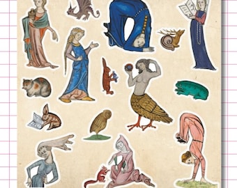 May include: A collection of medieval-style stickers featuring various figures including people in historical garments, a dragon, a snail with antlers, a cat, a rabbit reading a book, a bird, a green frog, and figures performing acrobatic poses.